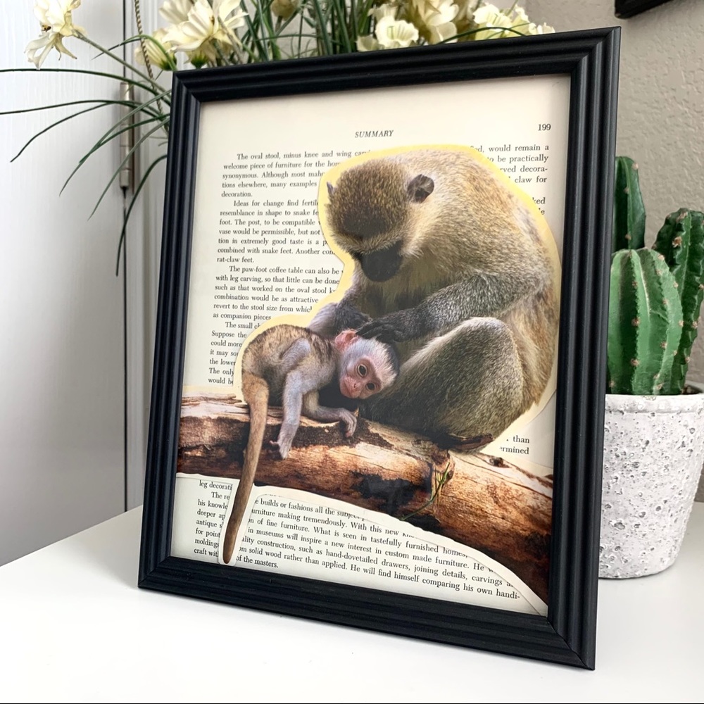 Monkey & Baby Collage Wall Art Vintage Book Page Animal Print